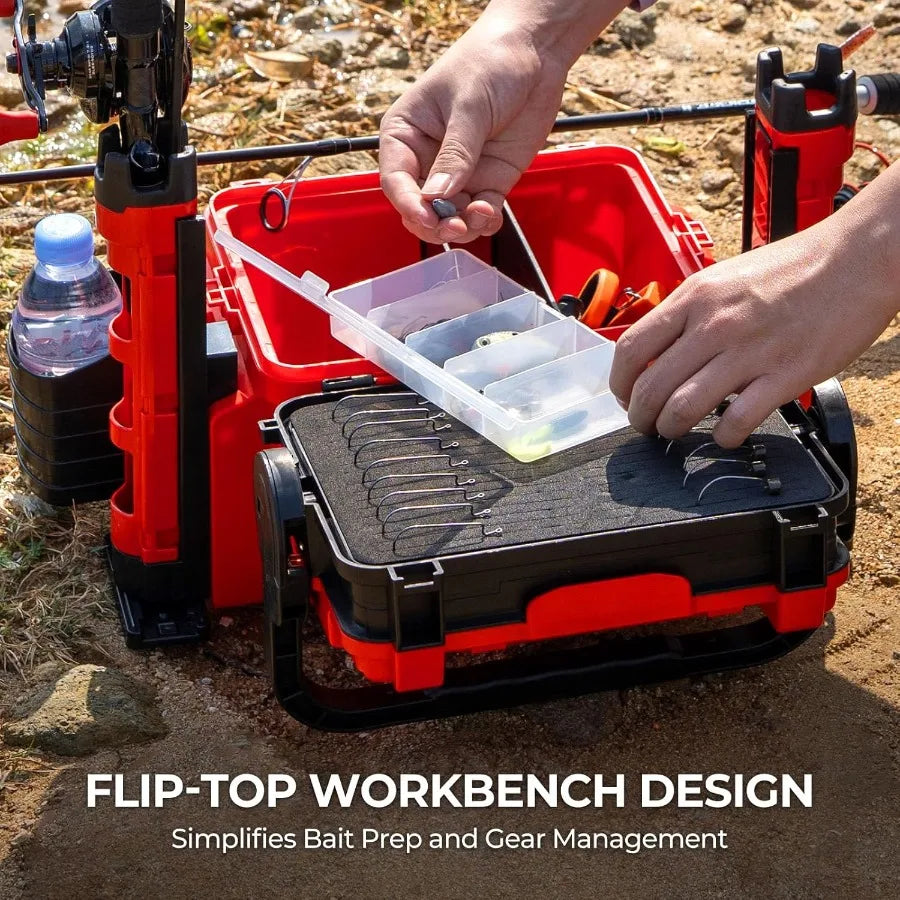 MadBite By KastKing RigHub Portable Tackle Storage Box with Adjustable Rod Holder and Cup Holder Removable Dividers for Fishing