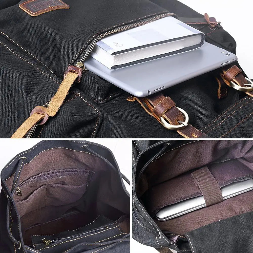 Vintage Leather-Trimmed Casual Backpack for Men and Women, Laptop and Travel Rucksack