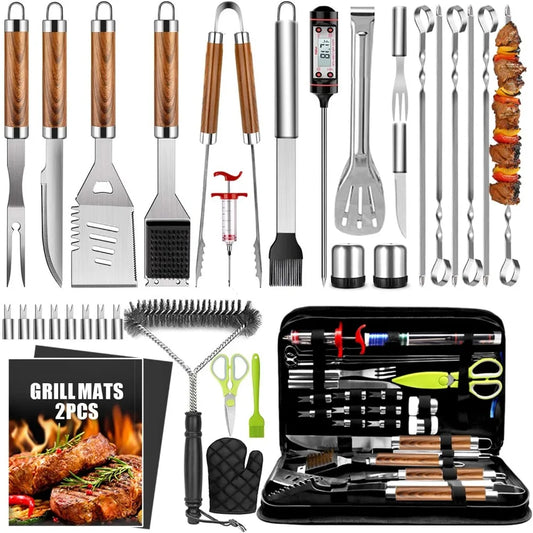 34Pcs Heavy Duty Stainless Steel BBQ Tools Set with Thermometer and Grill Mats for Backyard Gifts
