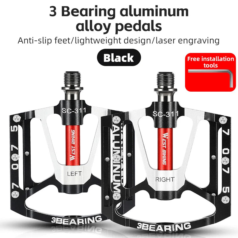 WEST BIKING Bicycle Pedal Three Bearing Aluminum Alloy Pedal Mountain Bike Road Bike Pedal Color Bike Accessories