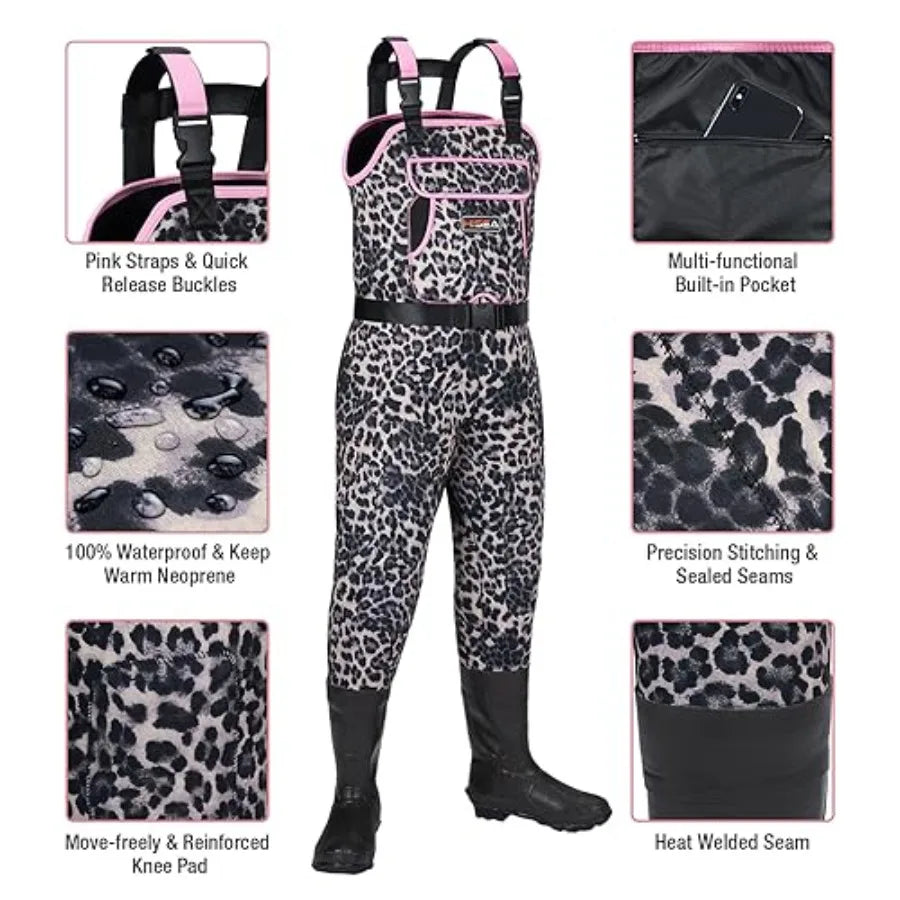 Women's 4mm Neoprene Leopard Hunting Waders with Insulated Boots Waterproof Fishing Waders for Women Black and Tan Pattern Ther