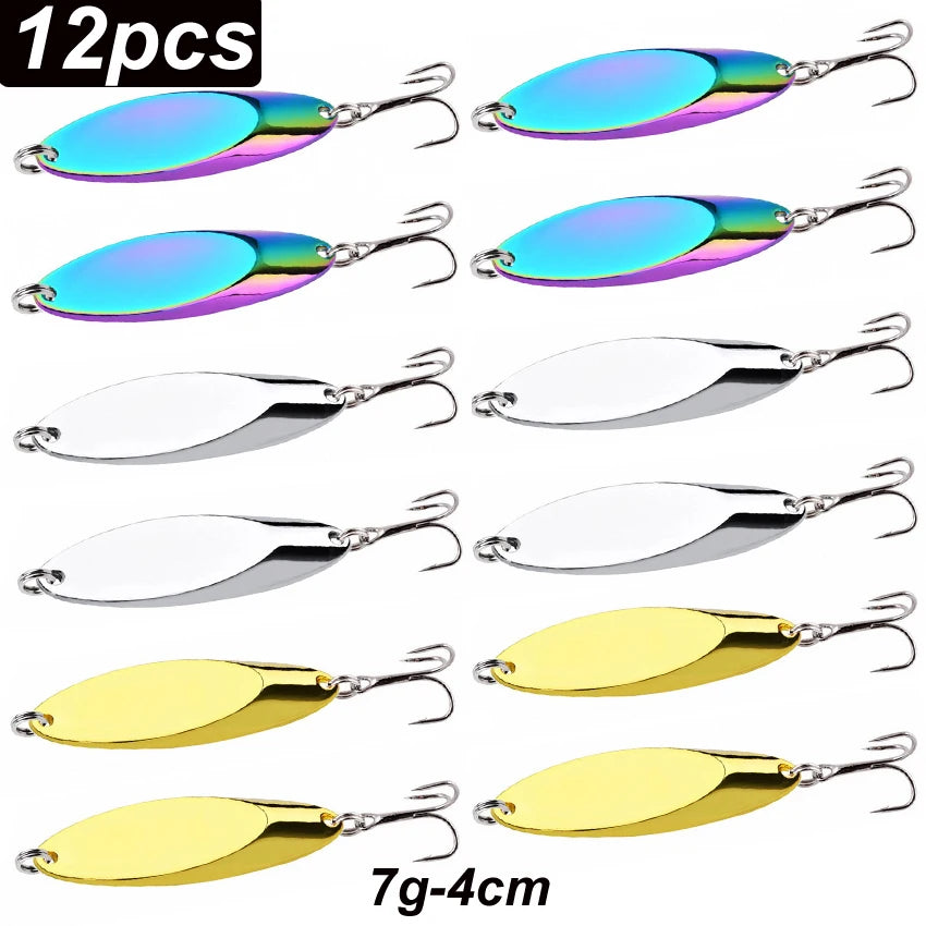 12pcs Metal Spinner Spoon Lures Trout Fishing Lure Hard Bait Sequins Paillette Artificial Baits Spinnerbait Fish Tools 1.5g-56g