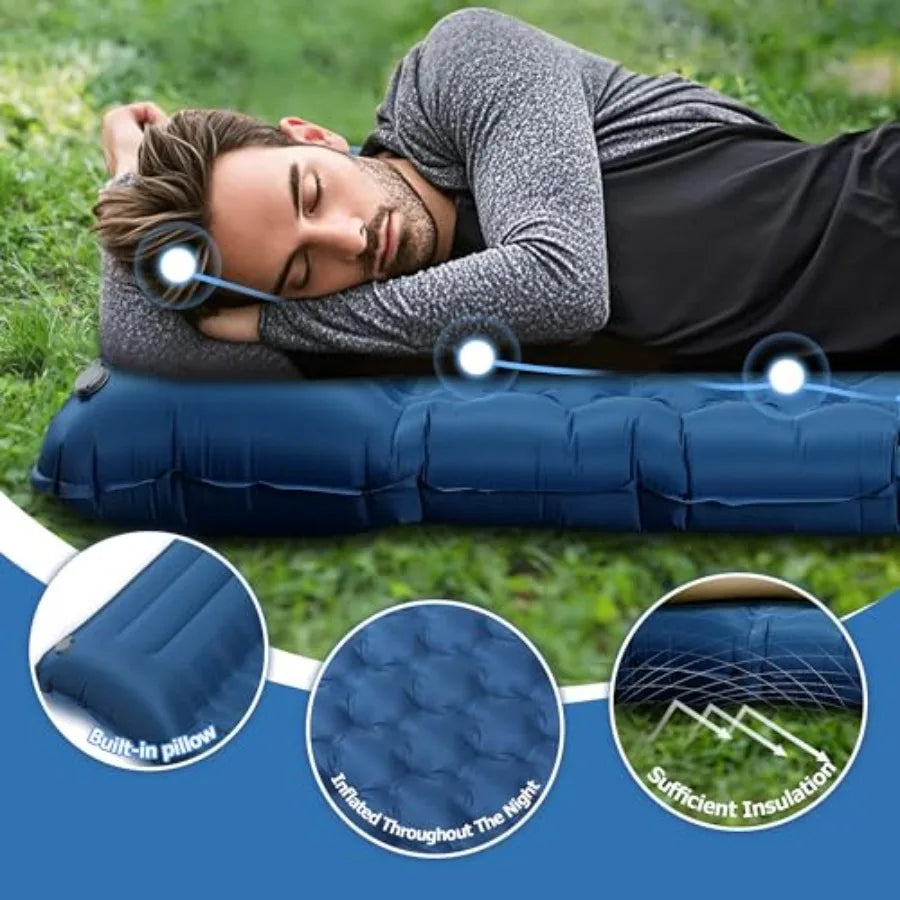 5.1 Thick Double Sleeping Pad with Foot Pump Pillow 77.5x53.9 2-Person Air Mattress for Camping Ultralight Compact for Backpack