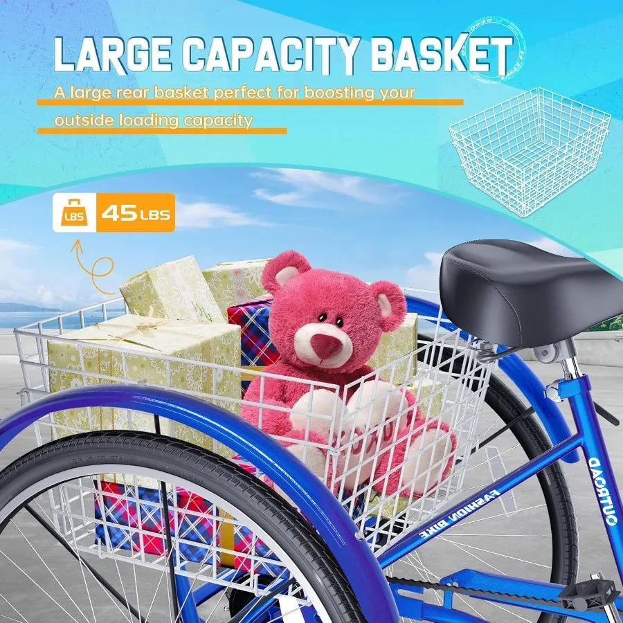 1 7Speed Adult Tricycle 24 26Inch 3Wheel Cruise Bicycle with Basket for Seniors Stable and Reliable 3Wheel Bike for Shopping Be
