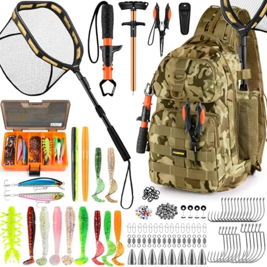 Waterproof Fishing Backpack with Tackle Boxes and Rod Holder for Men Blue Durable Polyester Material Includes Lures and Pliers