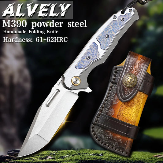 Outdoor Tactical Folding Knife, M390 Steel Pocket Knife with Leather Sheath, Men's Camping Hunting, Carrying Adventure Knife