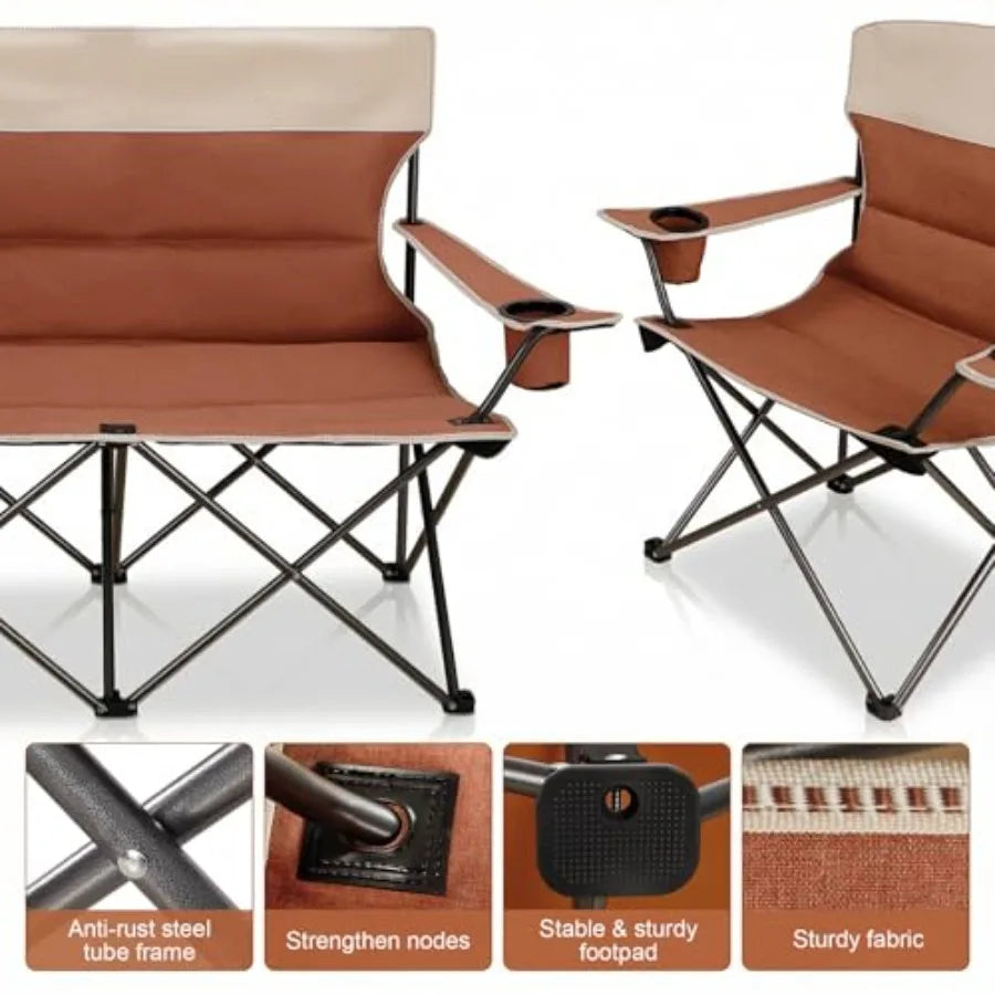 Set of 3 Outdoor Folding Camping Chairs for Heavy People with Cup Holder and Carry Bag Includes One Sofa Chair and Two Single C
