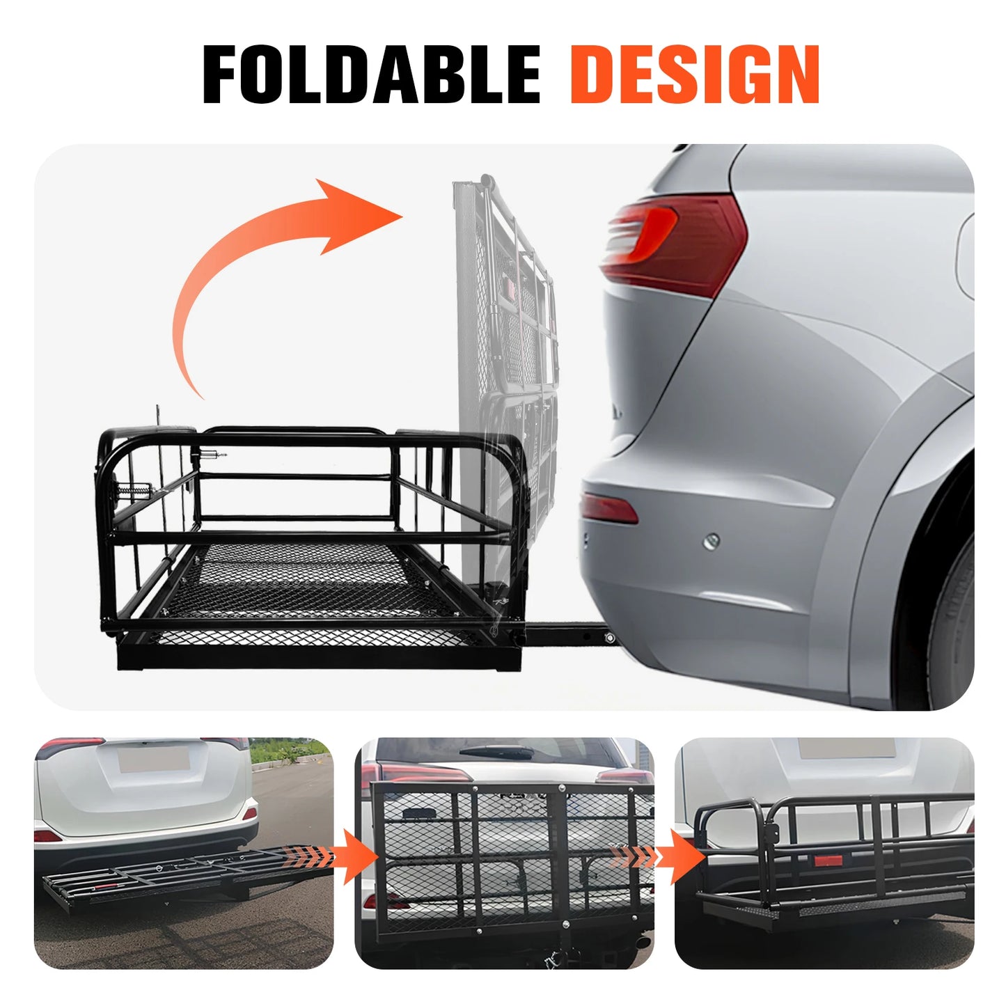 Hitch Mount Basket Folding Cargo Rack Rear Luggage Basket 500 LBS Capacity with Hitch Stabilizer for SUV Pickup Truck Trailer