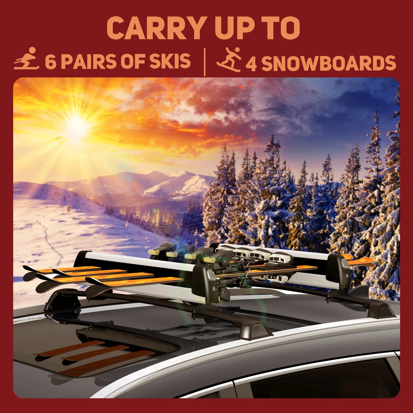 2PCS-Pack Ski And Snowboard Roof Rack Car Rack Carrier Ski Car Rack Snowboard Roof Carrier Aluminum Alloy Ski Roof Carrier