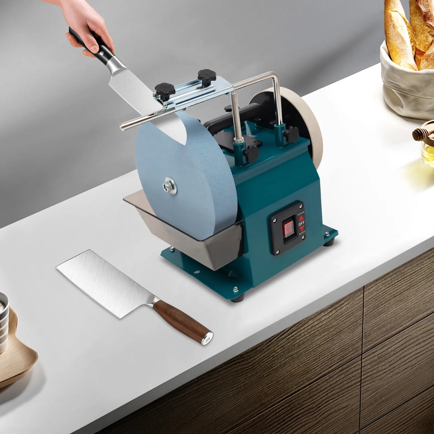 Electric Knife Sharpener for Kitchen and Woodworking Wet Stone Grinder with 10 Inch 220 Grit Wheel and Leather Strop