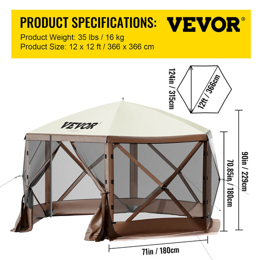SucceBuy Pop-up Camping Gazebo Camping Canopy Shelter 6 Sided 12' x 12' / 10' x 10' Sun Shade Tents & Canopies Camping & Hiking