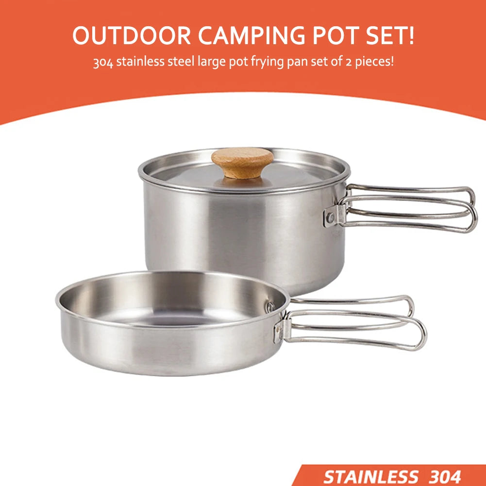 Camping Pan Portable Outdoor Pot Cooking Pan Stainless Steel Foldable Handle with Storage Bag Outdoor Hiking Cookware Kit