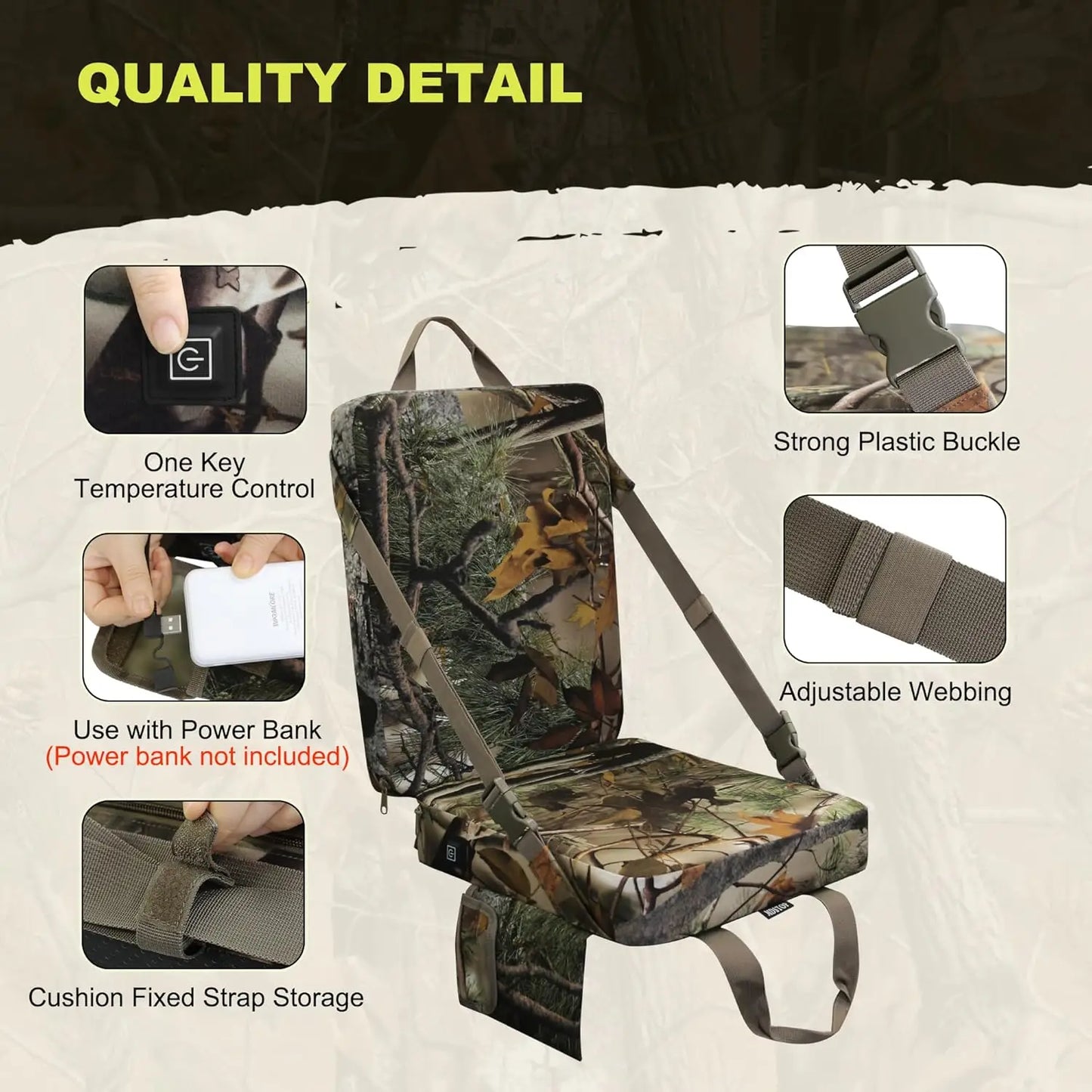 Heated Hunting Seat Cushion with Backrest, Adjustable Tree Stand Seat, Portable for Hunting, Ice Fishing, Camping (Battery Not I
