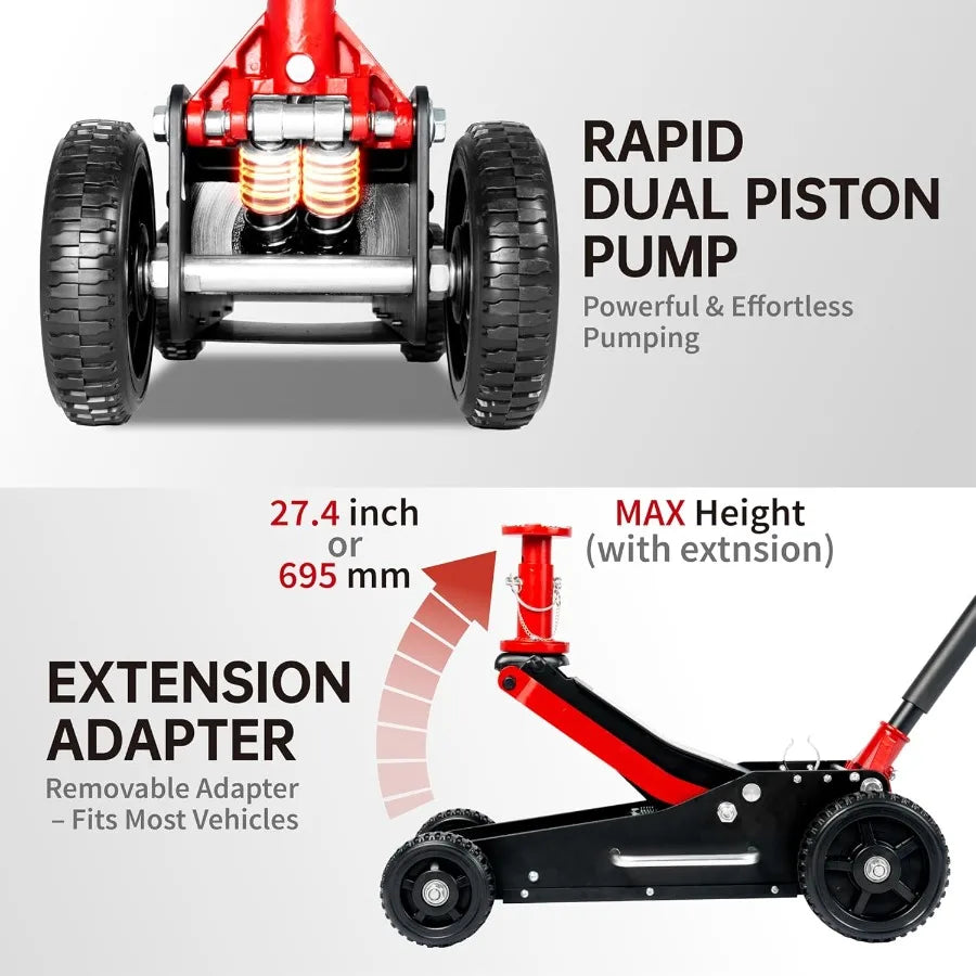 3 Ton 6600 lbs. Big Wheel Dual Pistons HeavyDuty Steel Construction OffRoad Hydraulic Car Jack with Extra Saddle Ideal for Truc