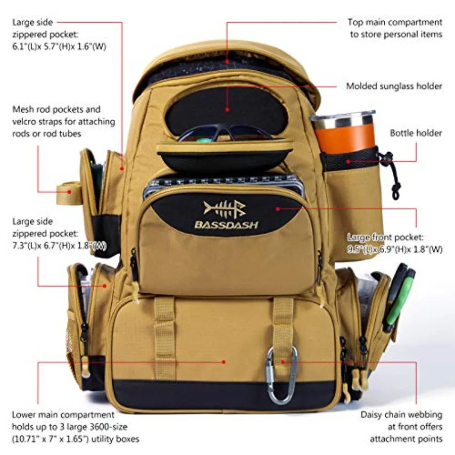 Fishing Tackle Backpack Water Resistant Tactical Bag Soft Tackle Box with Rod Holder and Protective Rain Cover