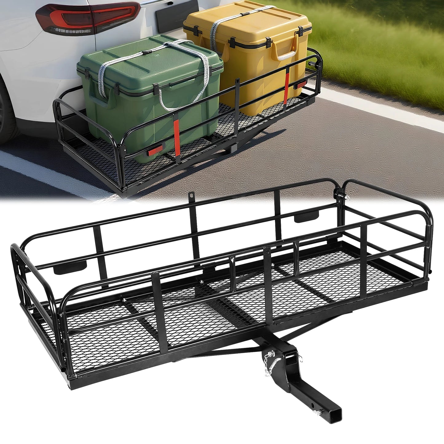 Hitch Mount Basket Folding Cargo Rack Rear Luggage Basket 500 LBS Capacity with Hitch Stabilizer for SUV Pickup Truck Trailer