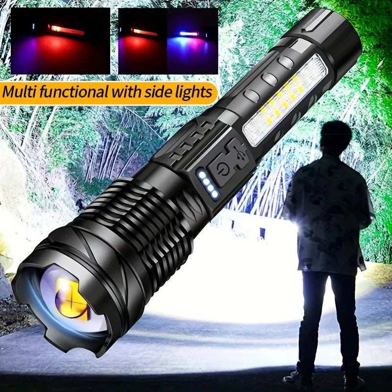 Super Powerful Rechargeable Torch Lithium Battery with USB Multi-Functional with Side Light for Camping Fishing Hunting Climbing