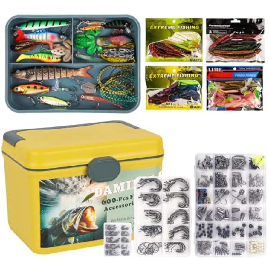 600 Pcs Tackle Box Fishing Kit with Hooks Sinkers Swivels Snaps Top Water Lure Spoons Soft Lures Jig Heads Frogs Minnow Accesso