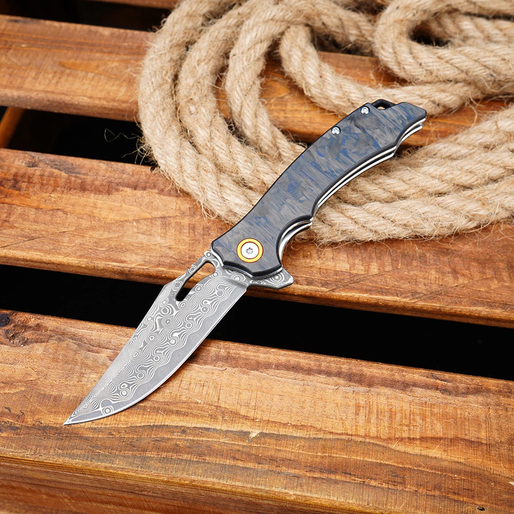 Carbon Fiber Folding Knife Damascus Steel Pocket Knife Outdoor Camping Survival Tactical Hunting Combat Knives EDC Hand Tool