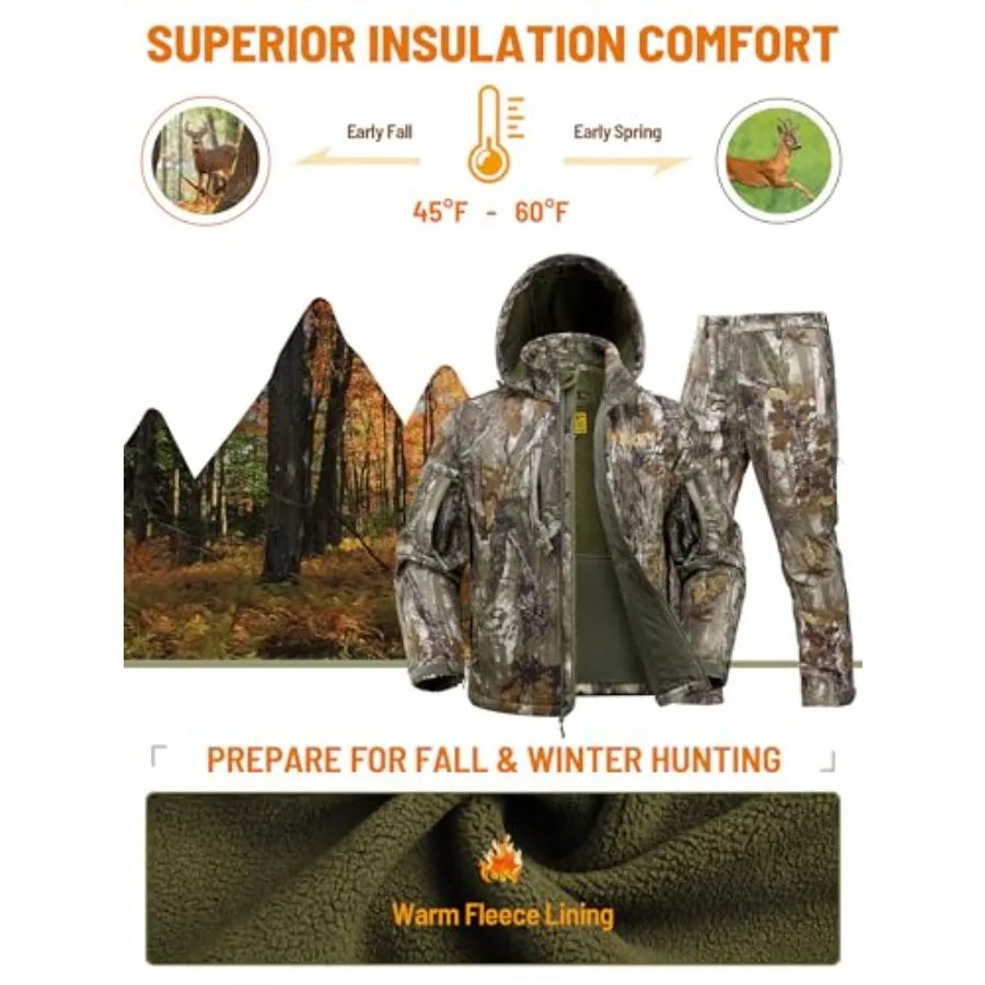 Camo Hunting Clothes for Men Quiet Warm Fleece Lining Cold Weather Deer Hunting Jacket and Pants with Face Mask Ideal for Outdo