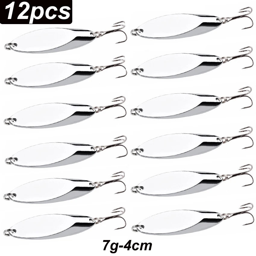 12pcs Metal Spinner Spoon Lures Trout Fishing Lure Hard Bait Sequins Paillette Artificial Baits Spinnerbait Fish Tools 1.5g-56g