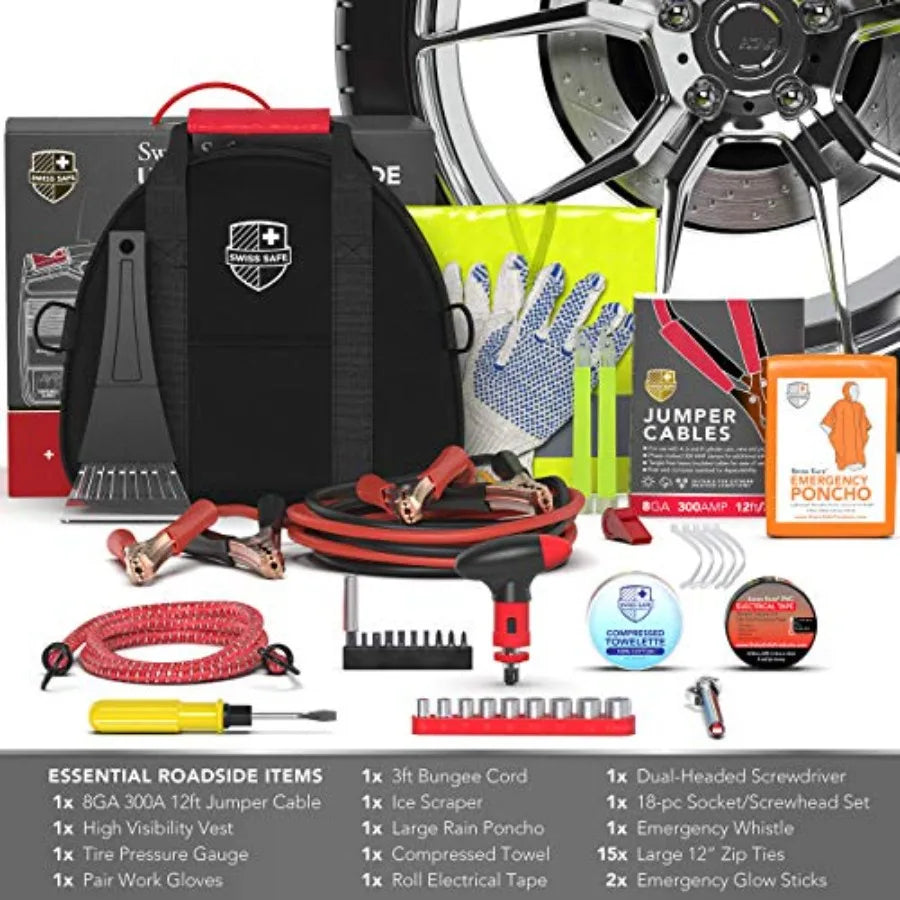 2-in-1 Car Emergency Kit with 12-FT Heavy-Duty Jumper Cables and 378-Piece First Aid Supplies Compact Roadside Safety Essential