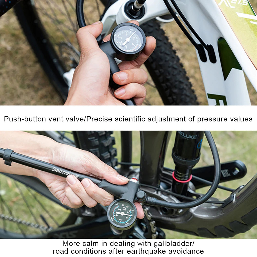 300PSI Bicycle Air Pump with Gauge Bike Tire Air Pump Schrader  Valve Portable Cycling Inflator for Fork & Rear Suspension
