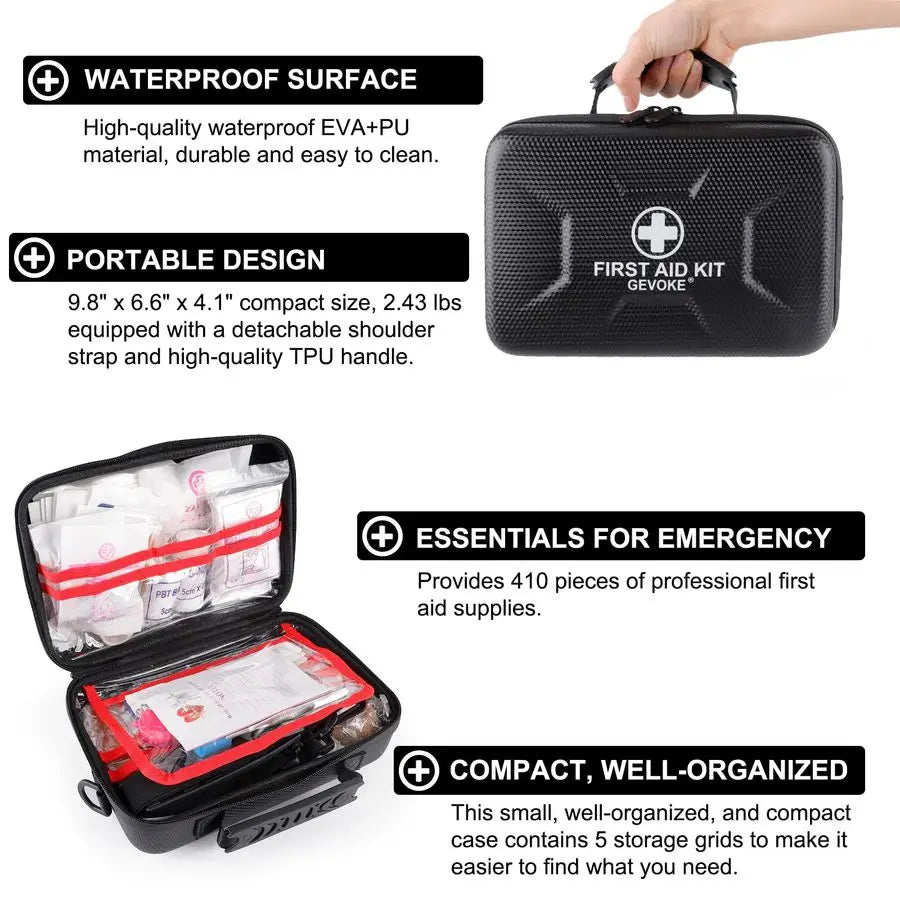 410 Piece Waterproof Hard Shell First Aid Kit for Home, Car, Travel, Camping, Truck, Hiking, Sports, Office, Vehicle amp Outdoor