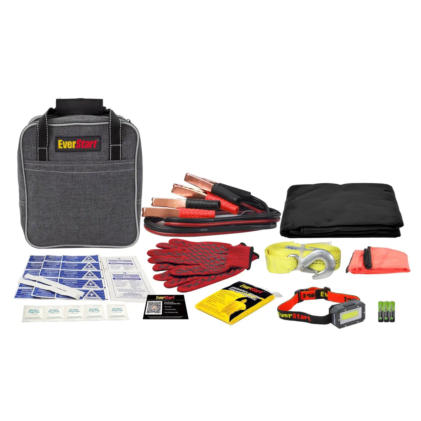Deluxe Roadside Assistance Kit with Booster Cables - 65-Piece Emergency Set for Car Breakdowns, Travel & Safety.