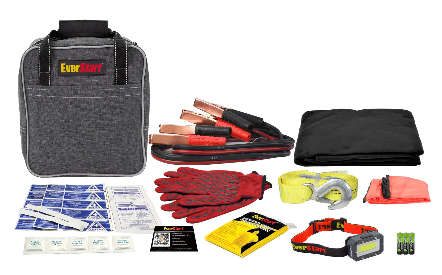 Deluxe Roadside Assistance Kit with Booster Cables - 65-Piece Emergency Set for Car Breakdowns, Travel & Safety.
