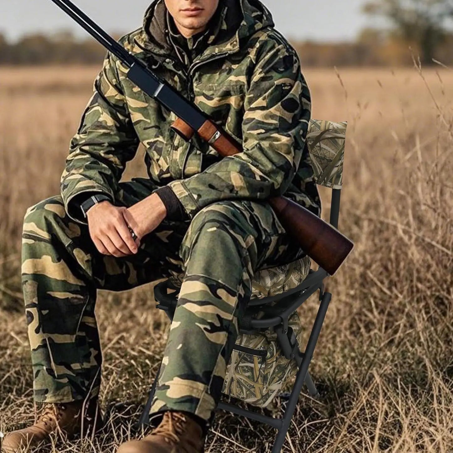 360° Swivel Hunting Chair, Folding Fishing & Camping Seat, Lightweight Portable with Padded Cushion, Reed Camo (No. 3)