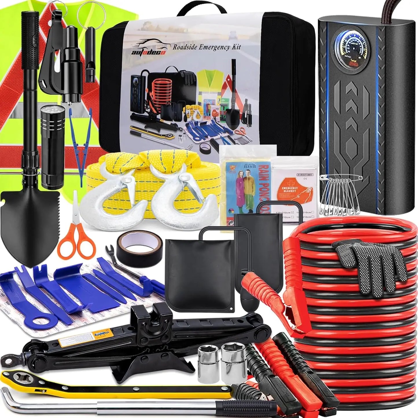 Car Emergency Roadside Kit with Scissor Jack, Air Compressor, Jumper Cables, and Safety Pump for Vehicle Assistance