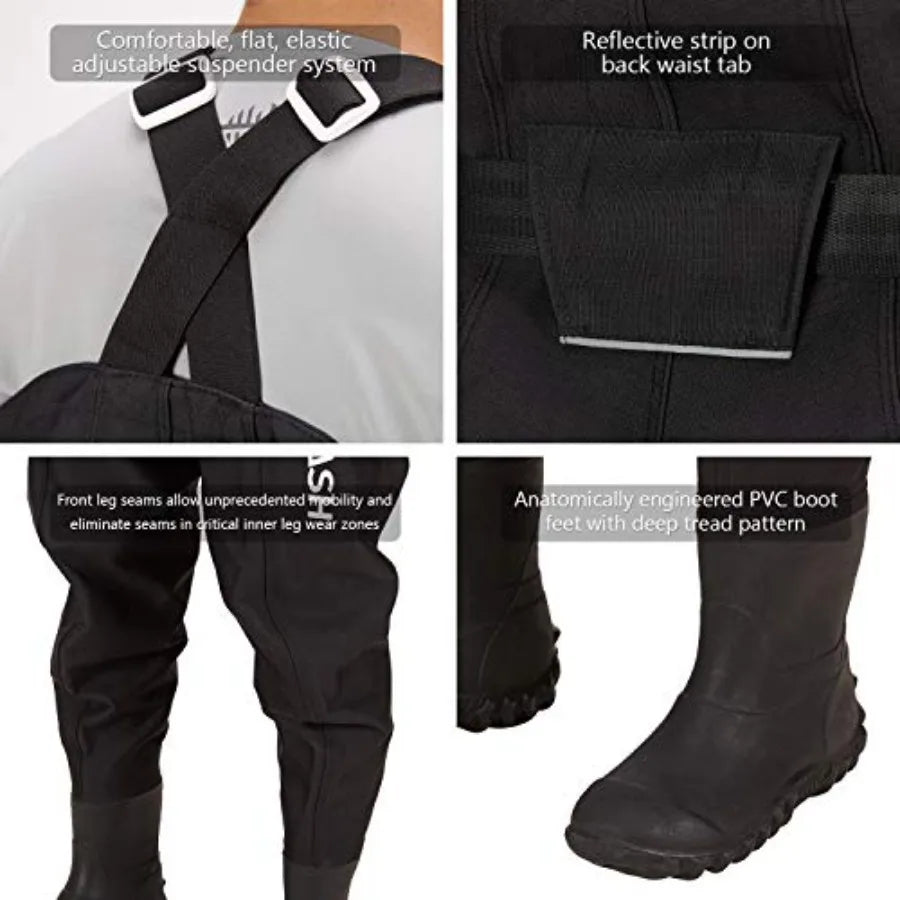 3D Boot Feet Game Wader Ultra High Strength Nylon PVC Fishing Hunting Chest Waders for Men in Black with Waterproof and Durable