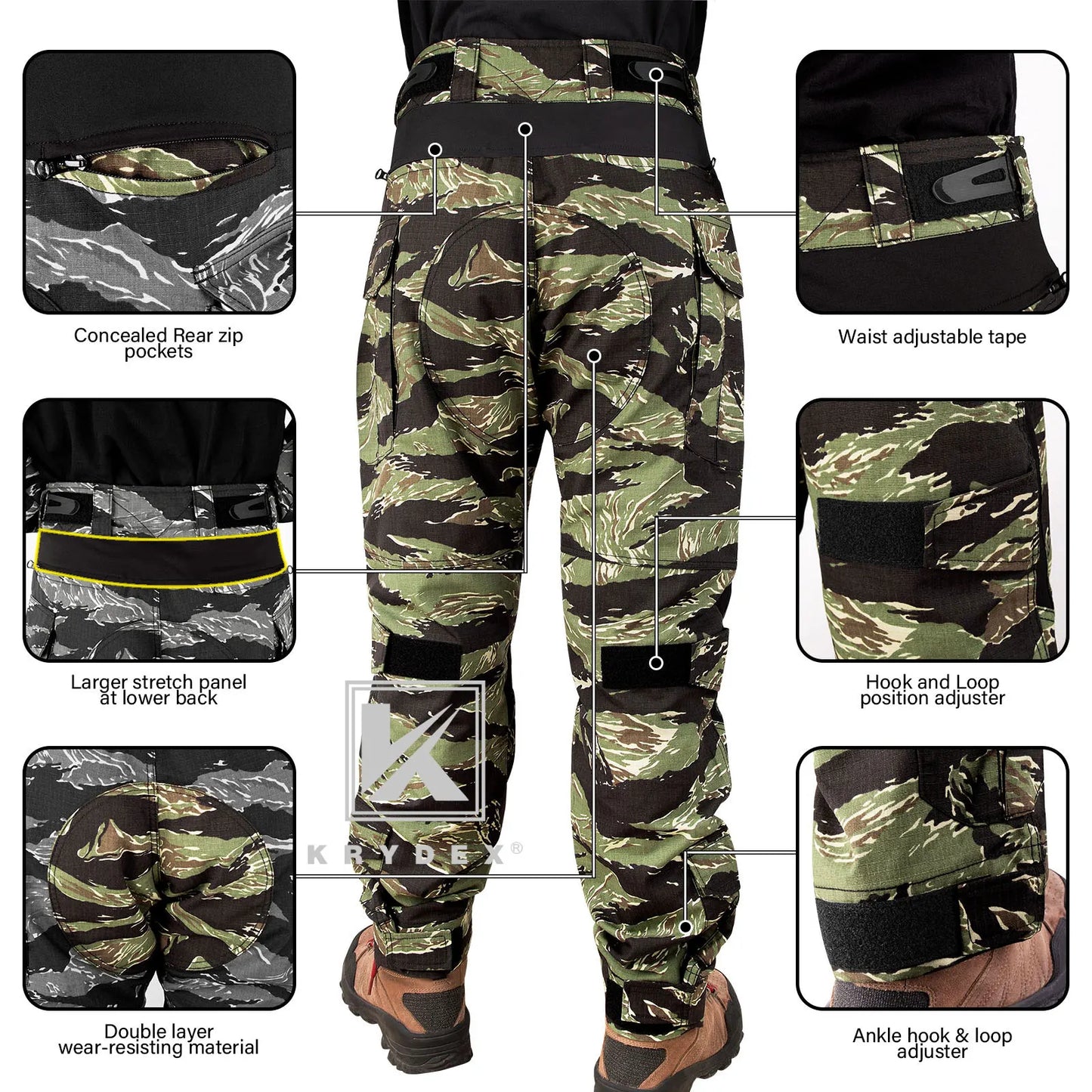 KRYDEX Camouflage Combat Uniform Clothing Hunting Hiking Tactical Shirt & Pants Suit Kit Tiger Stripe Camo