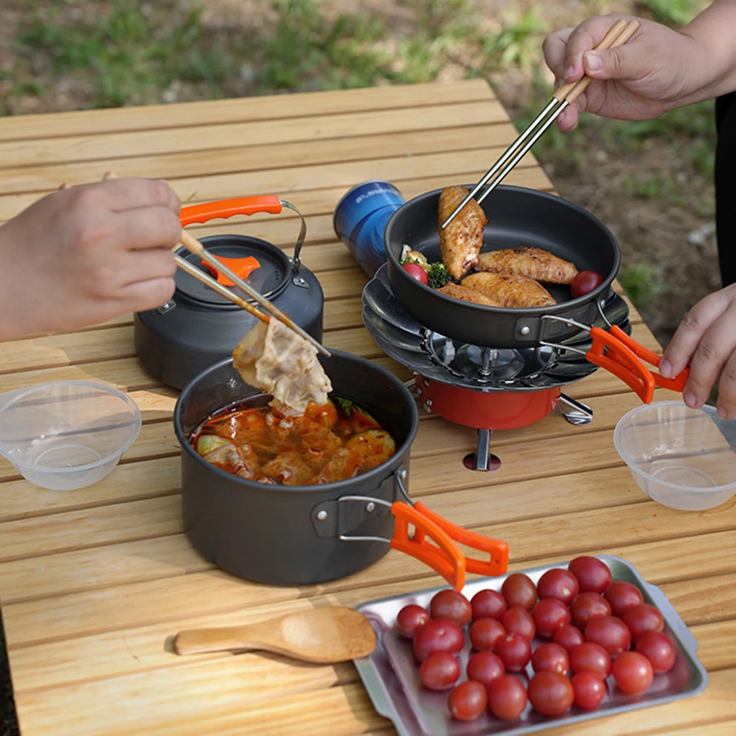 10Pcs/Set Camping Cookware Kit with Folding Pan Pot Kettle Spoon Bowl 2-3 Person Outdoor Backpacking Hiking Portable Cookware