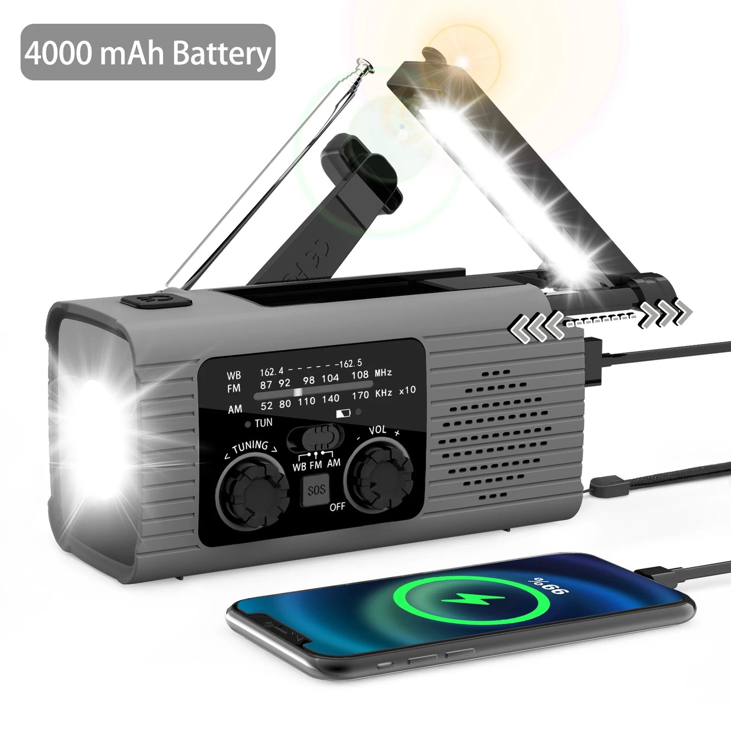 4000 mAh Portable Radio Outdoor Emergency Flashlight SOS Alarm Radio FM/AM Available Rechargeable Radio USB Solar Charging Radio