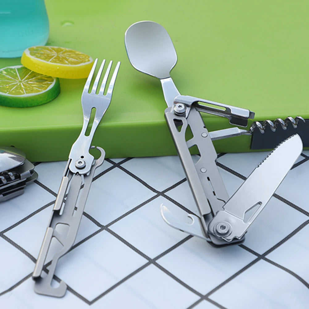 Six in One Multifunctional Foldable Camping Cutlery Set Portable Stainless Steel Outdoor Utensils for Picnic Hike Travel
