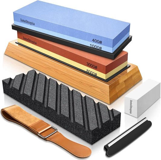 Complete Knife Sharpening Stone Set - Dual Grit Whetstone 400/1000 & 3000/8000 with Leather Strop, Base & Guide