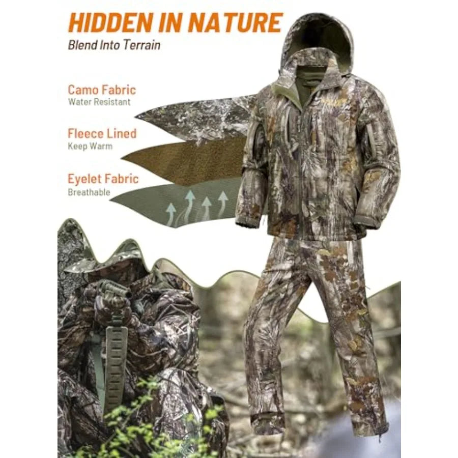 Camo Hunting Clothes for Men Quiet Warm Fleece Lining Cold Weather Deer Hunting Jacket and Pants with Face Mask Ideal for Outdo