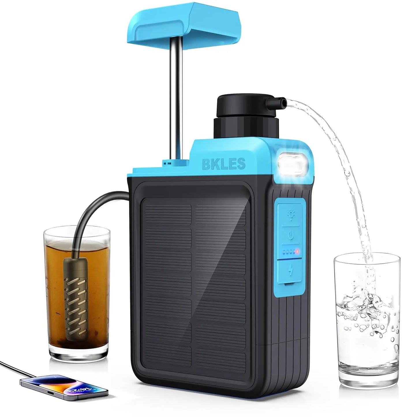 3-in-1 Solar Electric Water Filter with Hand Pump - Portable Camping Purifier Survival Kit Emergency Light