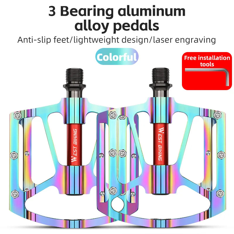 WEST BIKING Bicycle Pedal Three Bearing Aluminum Alloy Pedal Mountain Bike Road Bike Pedal Color Bike Accessories