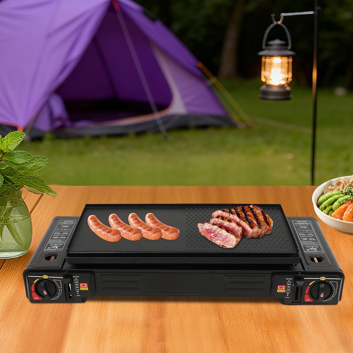 2-Burner Portable Camping Stove Butane Camping Stove Kit w/Baking Pan and Carrying Case Auto Ignition Camping Burner LPG