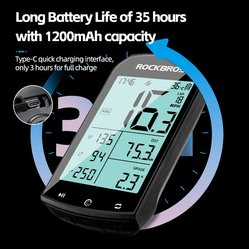 ROCKBROS Wireless GPS Bicycle Computer - Speed Measurement, Positioning, Odometer with Cadence Sensor for Mountain Road Cycling