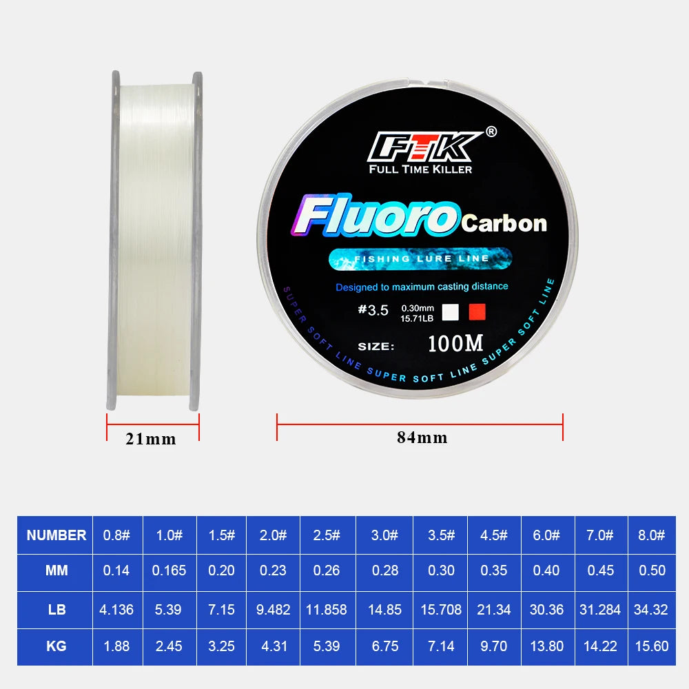 FTK 100M Fluorocarbon Coating Fishing Line 0.14mm-0.5mm 4.13LB-34.32LB Carbon Fiber Monofilament Line Carp Fishing Sinking Line