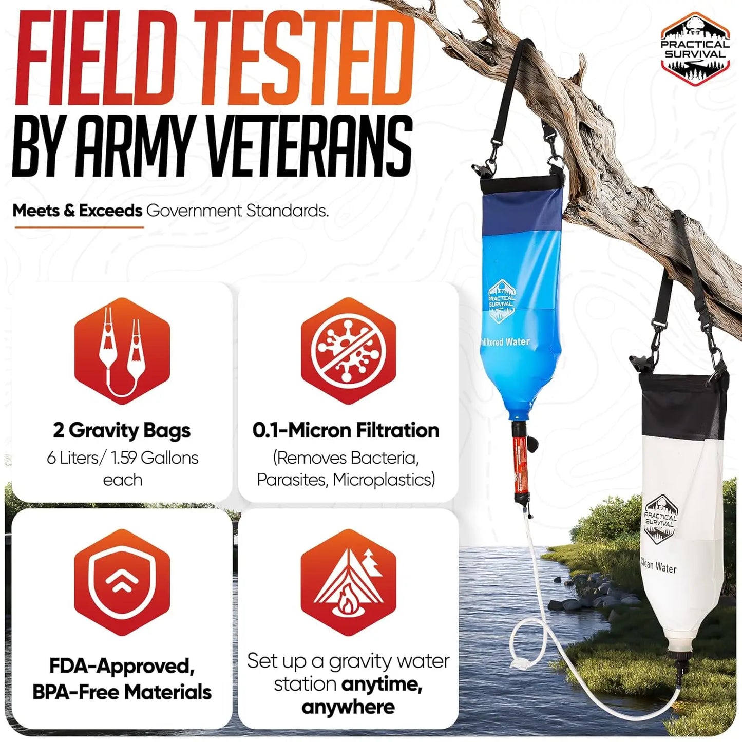 Portable Water Filter System with 2 Hanging Bags for Camping, Hiking, Survival - Includes Plunger