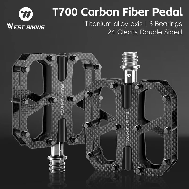 WEST BIKING T700 Carbon Fiber Bike Pedals 3 Bearing Cycling Pedals Titanium Alloy Anti-Slip MTB Road Bicycle Pedal Accessories