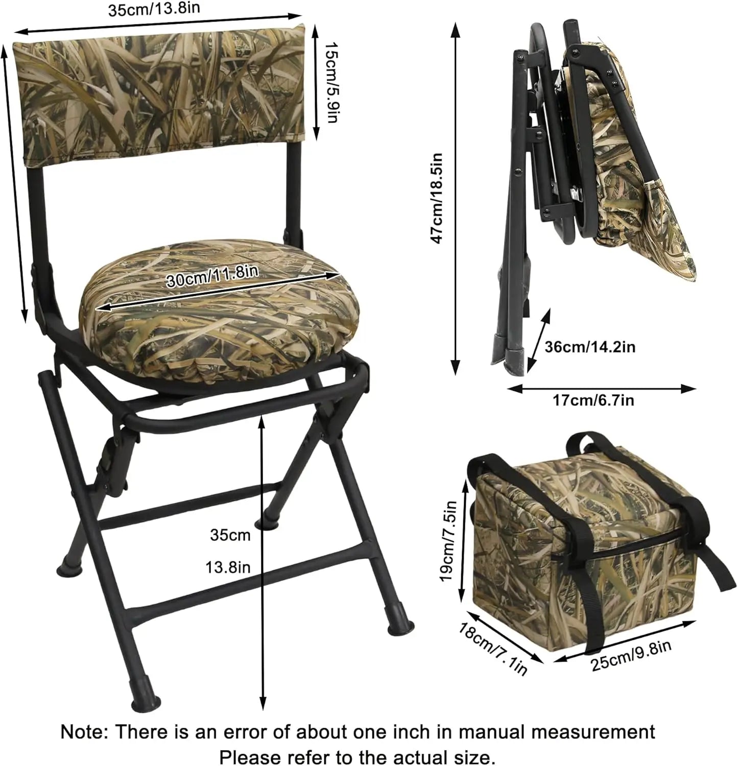 360° Swivel Hunting Chair, Folding Fishing & Camping Seat, Lightweight Portable with Padded Cushion, Reed Camo (No. 3)