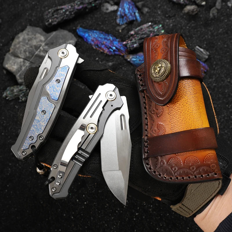 Outdoor Tactical Folding Knife, M390 Steel Pocket Knife with Leather Sheath, Men's Camping Hunting, Carrying Adventure Knife