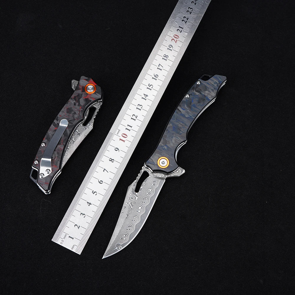 Carbon Fiber Folding Knife Damascus Steel Pocket Knife Outdoor Camping Survival Tactical Hunting Combat Knives EDC Hand Tool