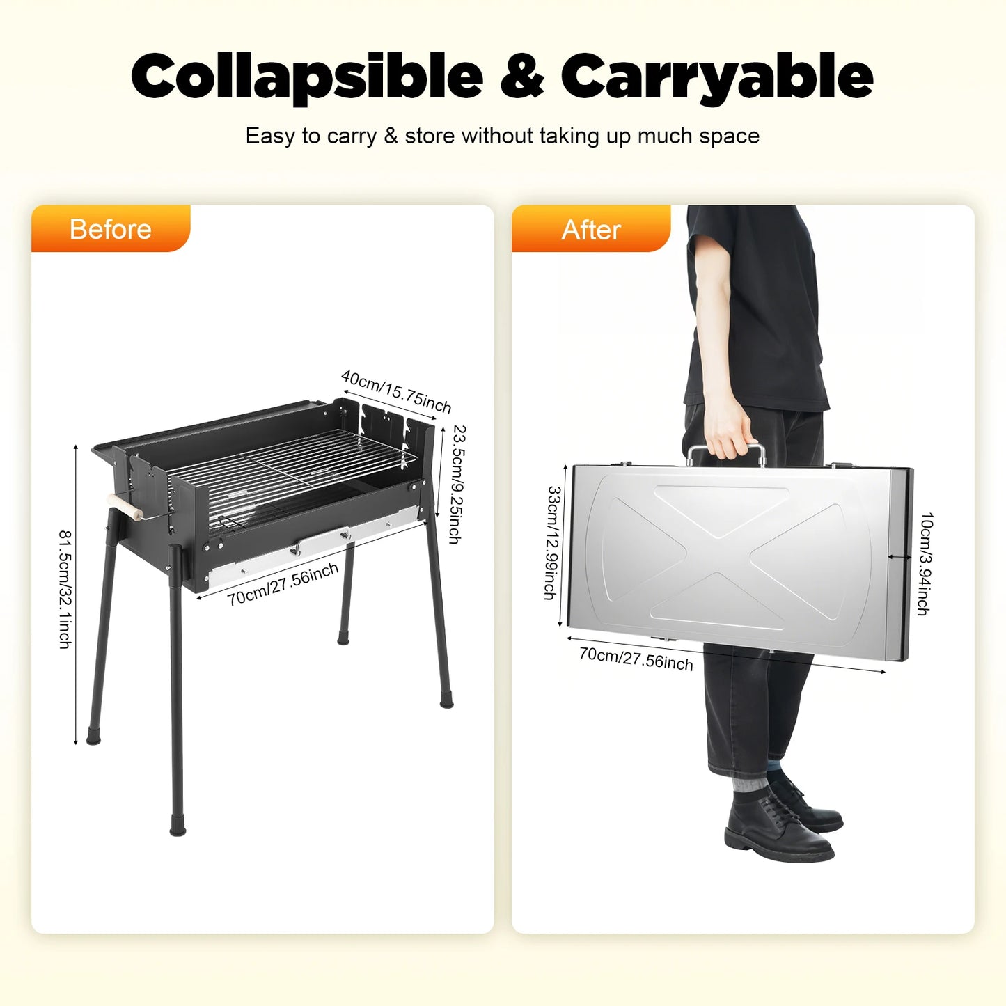 Barbecue Charcoal Grill Stainless Steel foldable Portable BBQ Tool Kits Black, for Outdoor Cooking Camping Hiking Picnics